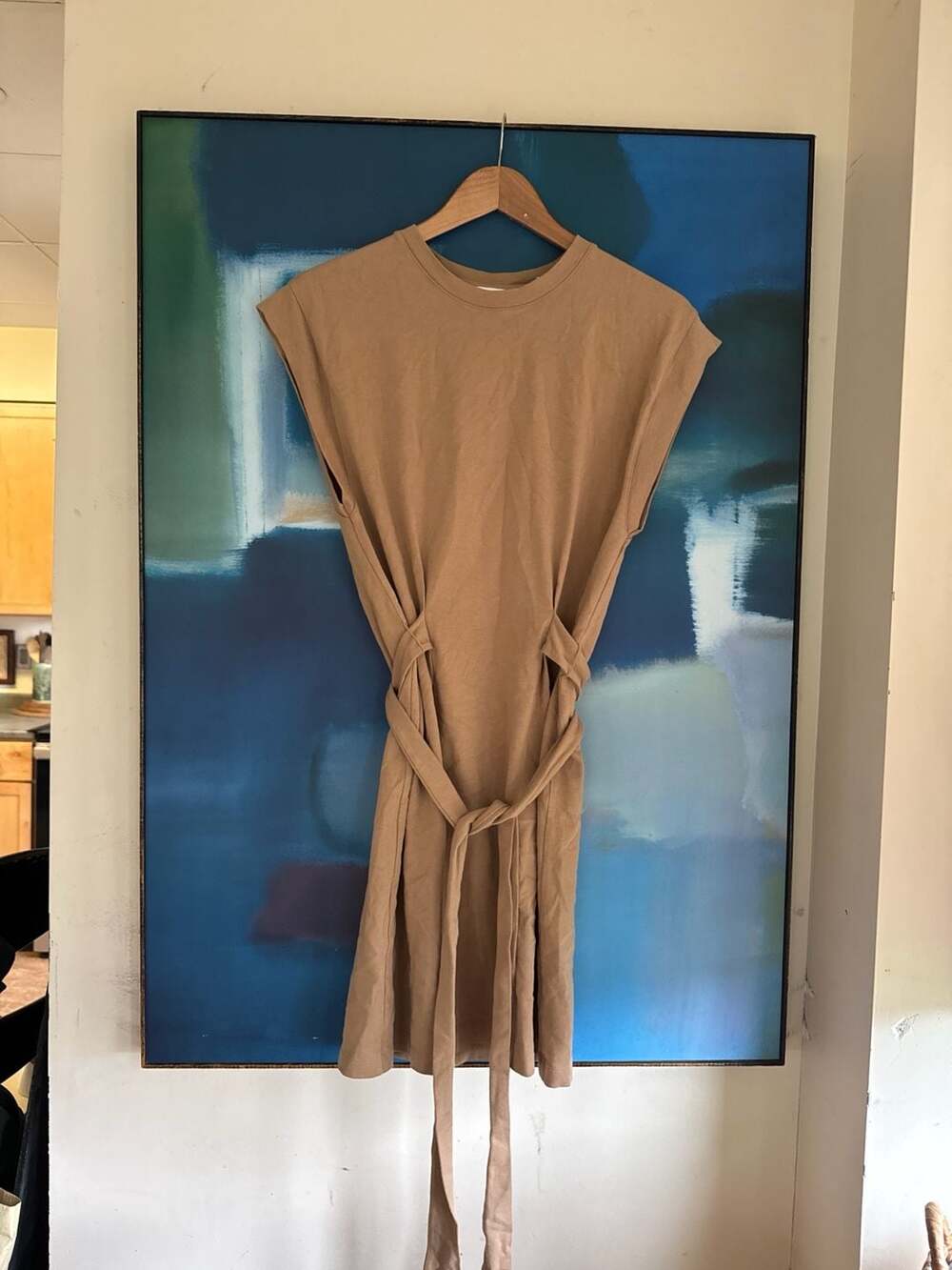 Vince Cotton Tie-Waist Muscle Tee Dress Tan Size S